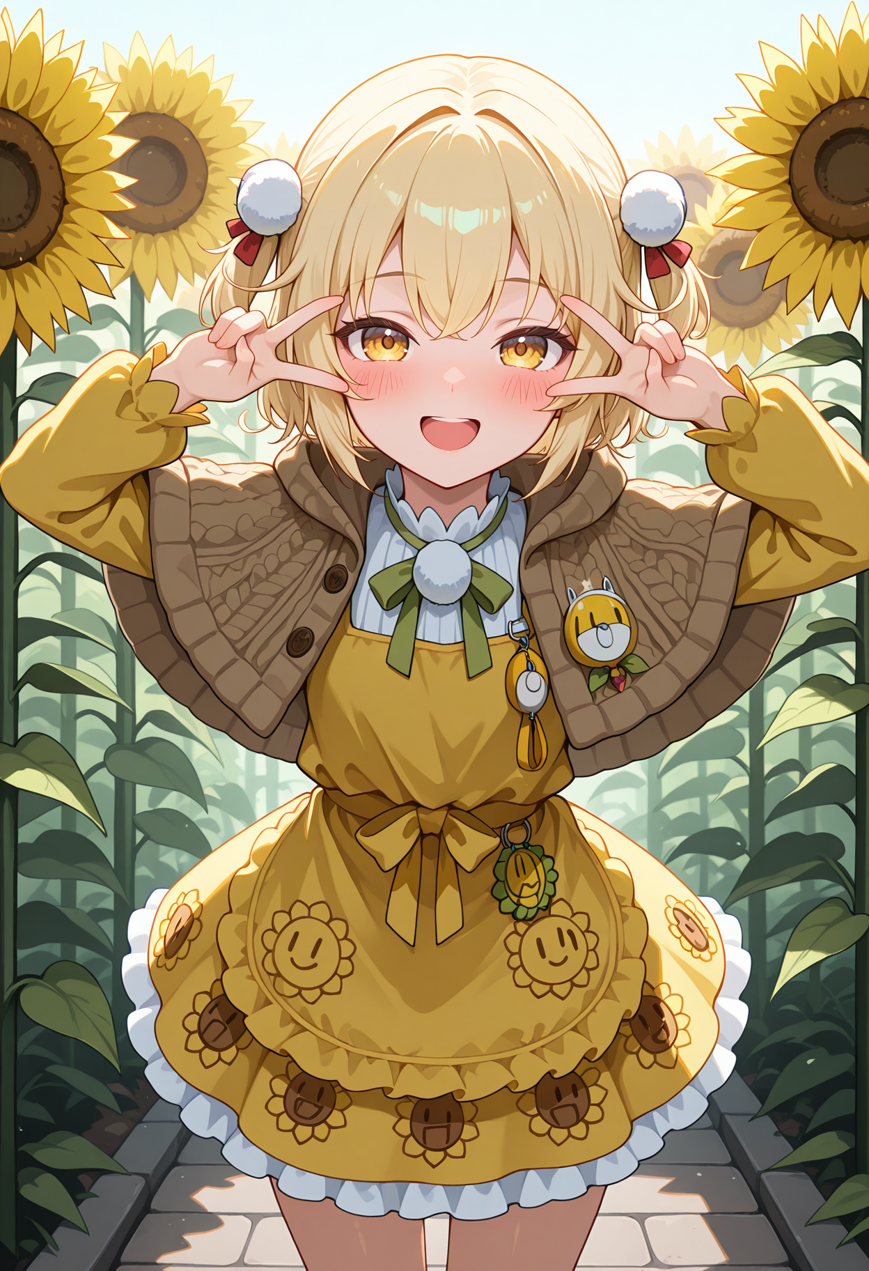 highres, best quality, masterpiece, outdoors,
1girl, solo, nkliter, blonde hair, short hair, two side up, yellow eyes,
litercts, yellow dress, frilled dress, pom pom hair ornament, brown capelet, brown shawl, long sleeves, pom pom \(clothes\), crime prevention buzzer, badge, sunflower badge, sunflower print, frills,
looking at viewer, blush, smile,
standing, v over eye, open mouth, 
<lora:_liter_nikke-elesico-ilxl1b-000009:1>