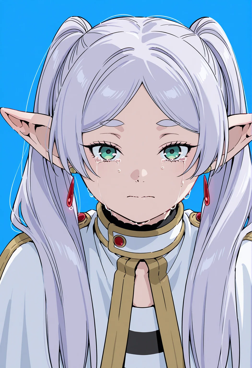 Frieren,Frieren,frieren,solo,jewelry,earrings,white capelet,crying,tears,capelet,blue background,crying with eyes open,looking at viewer,simple background,closed mouth,striped shirt,drop earrings,