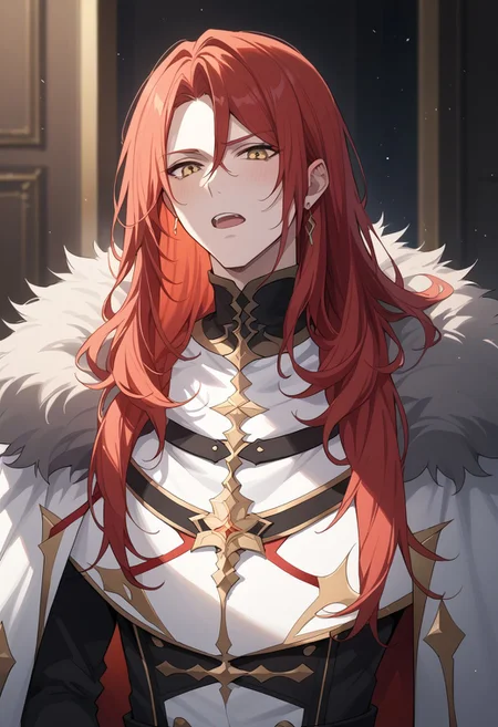 score_9, score_8_up, score_7_up,, rating_explicit, tristan, 1boy, yellow eyes, red hair, solo, long hair, male focus, fur trim, open mouth, pale skin,