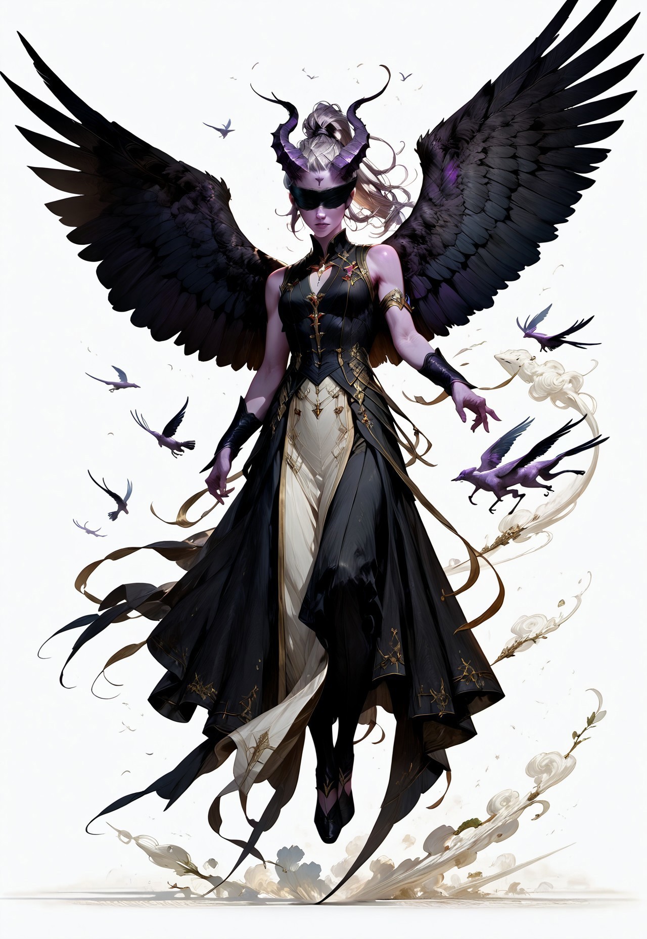 (absurdres, best quality, masterpiece:1.4), 
score_9, score_8_up, score_7_up, score_6_up, 
detailed, 
detailed body, 
detailed face, 
(((smooth skin, unbroken skin, detailed skin))), 
fantasy, 
alone, 

female, 
tiefling, 
h0rns, 
ram horns, 
black horns, 
tall, 
((((purple skin)))), 
((long grey hair, ponytail)), 
(((wingsd, black wings))),

floating, flying, hovering, weightless, 

(white robe, sleeveless, 
blindfold, black cloth blindfold), 

(((white background, plain background))), 
full body, 
front view, 