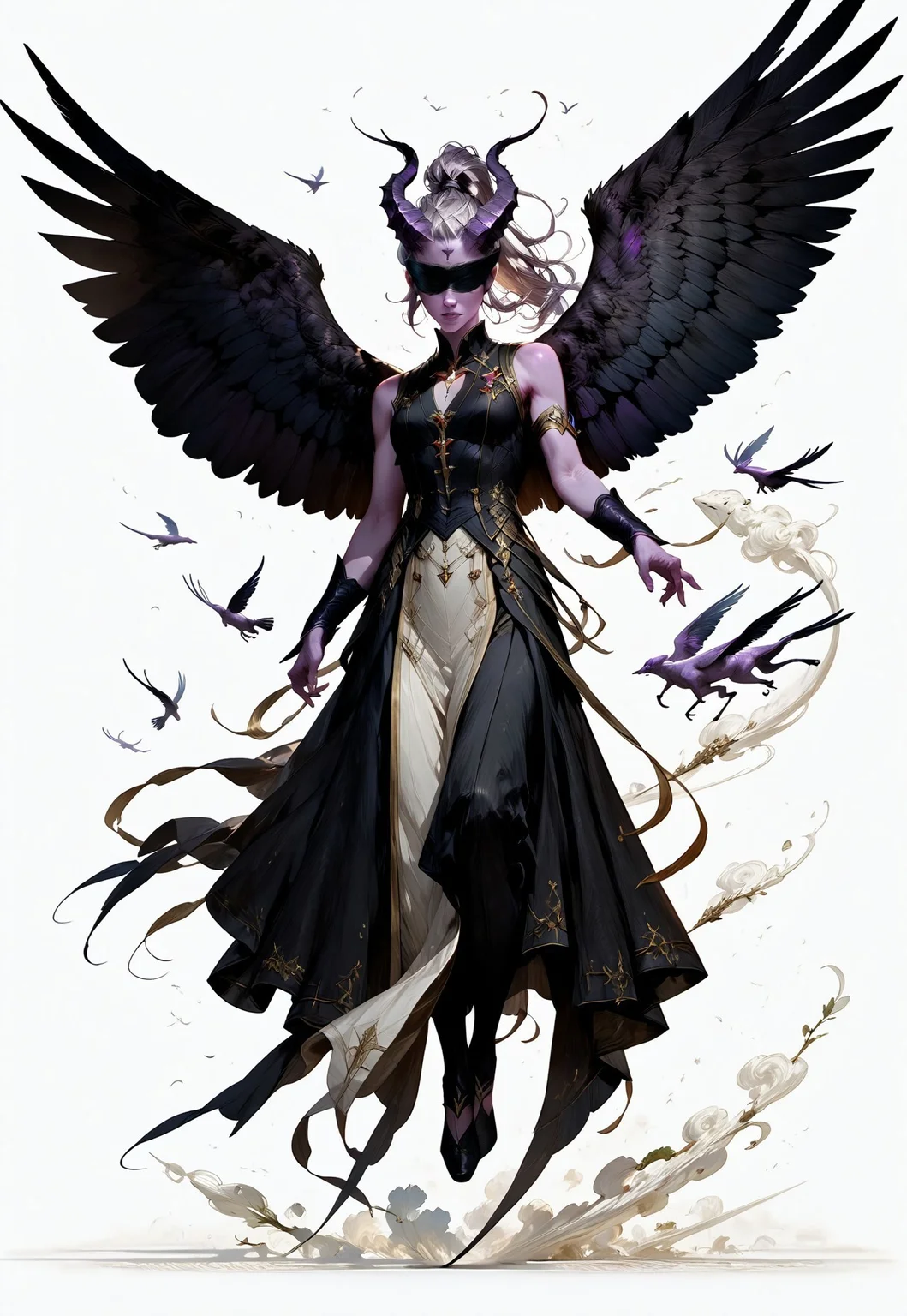 (absurdres, best quality, masterpiece:1.4), 
score_9, score_8_up, score_7_up, score_6_up, 
detailed, 
detailed body, 
detailed face, 
(((smooth skin, unbroken skin, detailed skin))), 
fantasy, 
alone, 

female, 
tiefling, 
h0rns, 
ram horns, 
black horns, 
tall, 
((((purple skin)))), 
((long grey hair, ponytail)), 
(((wingsd, black wings))),

floating, flying, hovering, weightless, 

(white robe, sleeveless, 
blindfold, black cloth blindfold), 

(((white background, plain background))), 
full body, 
front view, 