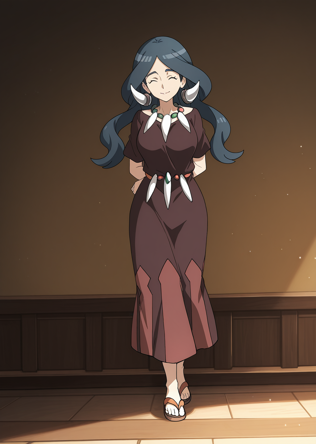 score_9, score_8_up, score_7_up, score_6_up, score_5_up, score_4_up, masterpiece,  detailed, high quality, BREAK, full body, 1girl, shiny skin,    <lora:Drasna (Pokemon X&Y) [Illustrious]:0.8> long hair, black hair, necklace, drasna (pokemon), drasna, eyes closed, hairpiece, closed eyes, mature female,