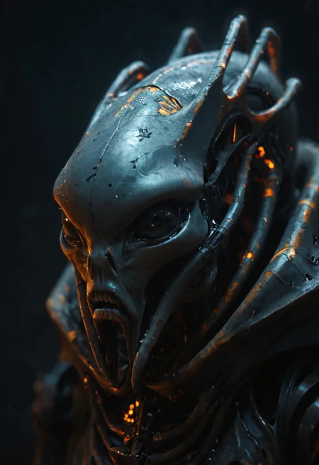 robotic body,made out of black mate steel ,golden cracks , black eyes,f ocused lighting, crown  on head, dark background, close up, portret ,alien  looking creature, tentacles coming out of head,, .score_9, score_8_up, score_7_up,score_6_up, rating_safe