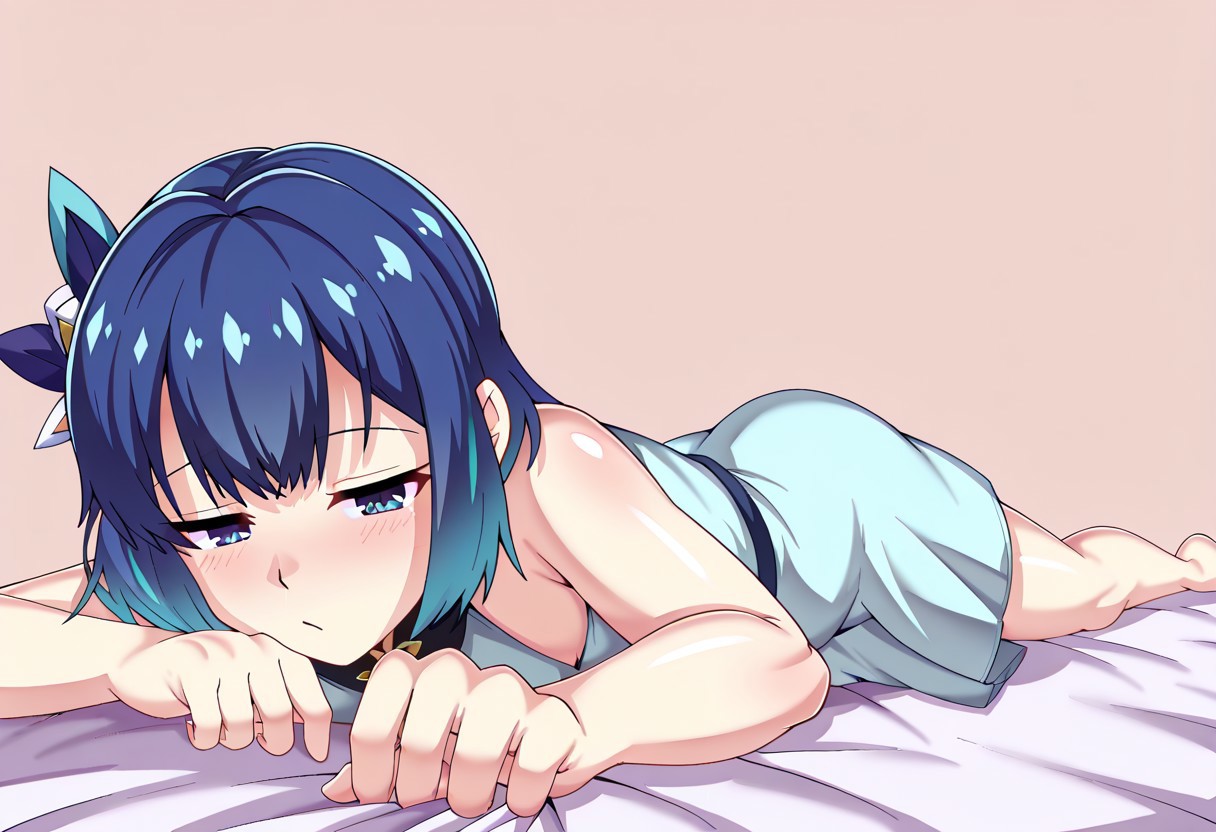 lazypos, character focused, anime girl, blue hair, soft lighting, pale skin, laying pose, delicate fingers, relaxed expression, pastel colors, short dress, ribbon details, bed surface, gentle shading, calm atmosphere, blue palette, light tones, subtle highlights, modern anime, clean outlines, minimal background, ashikostyle
