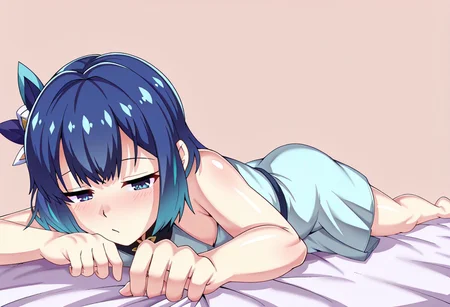 lazypos, character focused, anime girl, blue hair, soft lighting, pale skin, laying pose, delicate fingers, relaxed expression, pastel colors, short dress, ribbon details, bed surface, gentle shading, calm atmosphere, blue palette, light tones, subtle highlights, modern anime, clean outlines, minimal background, ashikostyle