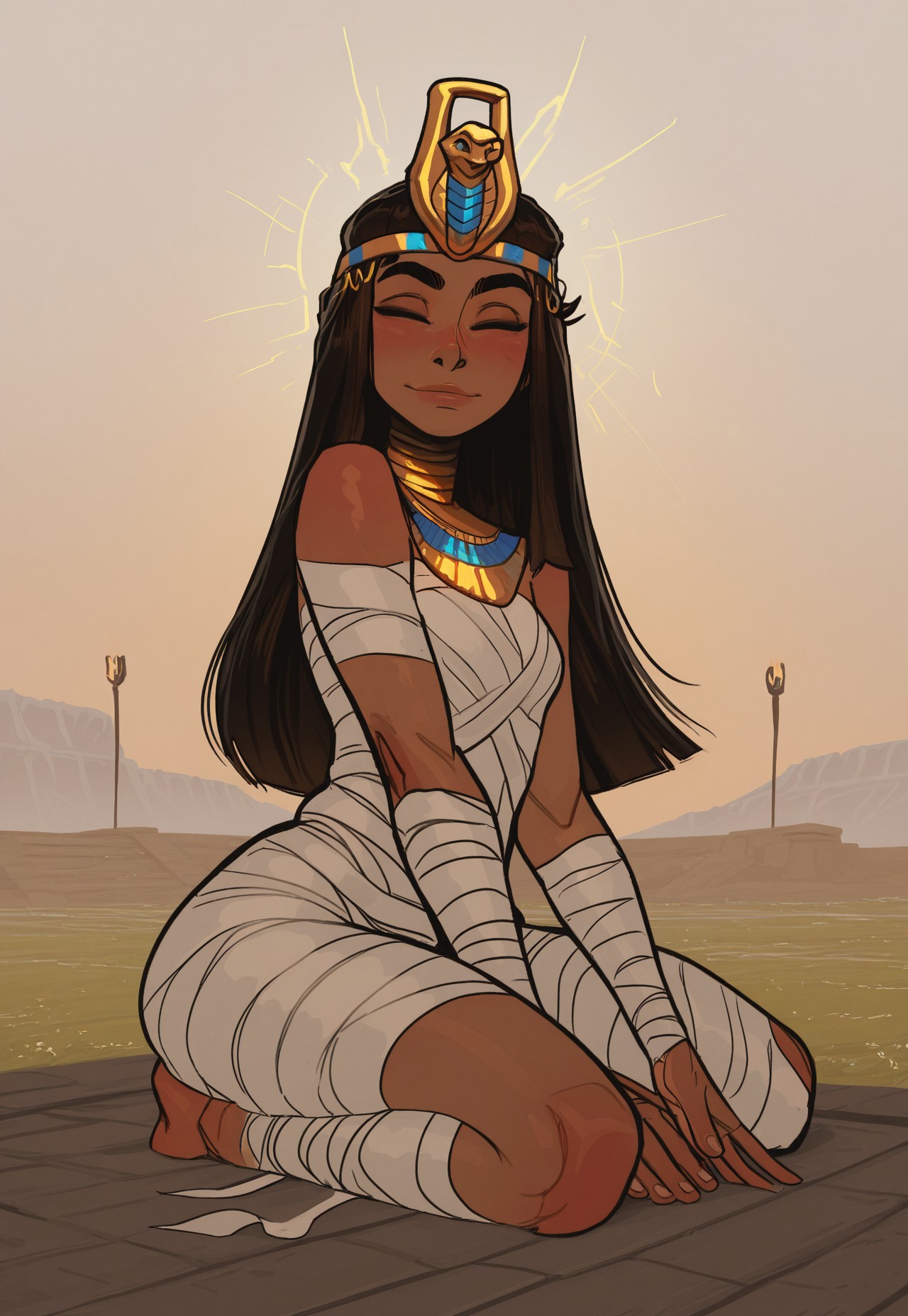 INCASE Style, very aesthetic, digital drawing, 
masterpiece, solo, best quality, very aesthetic, absurdres, safe, 1girl,solo, ,long straight hair,perfecteyes,eyebrows,
mummy wraps, brown skin, pharaoh headdress,
kind expresion, eyes loking at viewer,  slight closed smile, pharoh, 1glowing ankh,
reaching out to pov,bandages, 
blacklight, looking at viewer,
Magical fantasy sarcophagus, ancient egypt, fantasy, ancient temple, egyptian temple,
Afternoon, torch lit, soft lightning, godrays, side view,  looking aside, waking up. perfect fingers,
perfect composition, perfect face, full body shot portrait, character portrait, cinematic, sam yang, art by incase. , sittingonfeetILL, wariza, sitting on feet