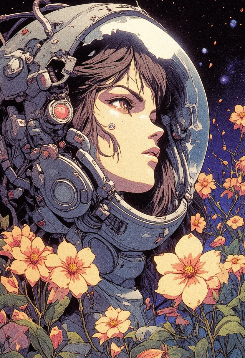 A young woman inside a space helmet, 
gazing thoughtfully. 
She has wavy dark hair, and the visor of her helmet is clear, showing her serene expression. Around her,  peach-colored flowers, creating a contrast between the soft, delicate blooms and the hard, futuristic space helmet. The background is a cosmic, starry scene, blending elements of nature and space