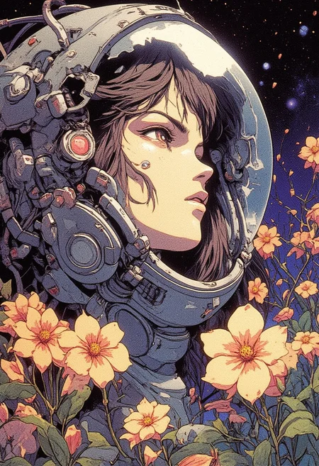 A young woman inside a space helmet,
gazing thoughtfully.
She has wavy dark hair, and the visor of her helmet is clear, showing her serene expression. Around her, peach-colored flowers, creating a contrast between the soft, delicate blooms and the hard, futuristic space helmet. The background is a cosmic, starry scene, blending elements of nature and space