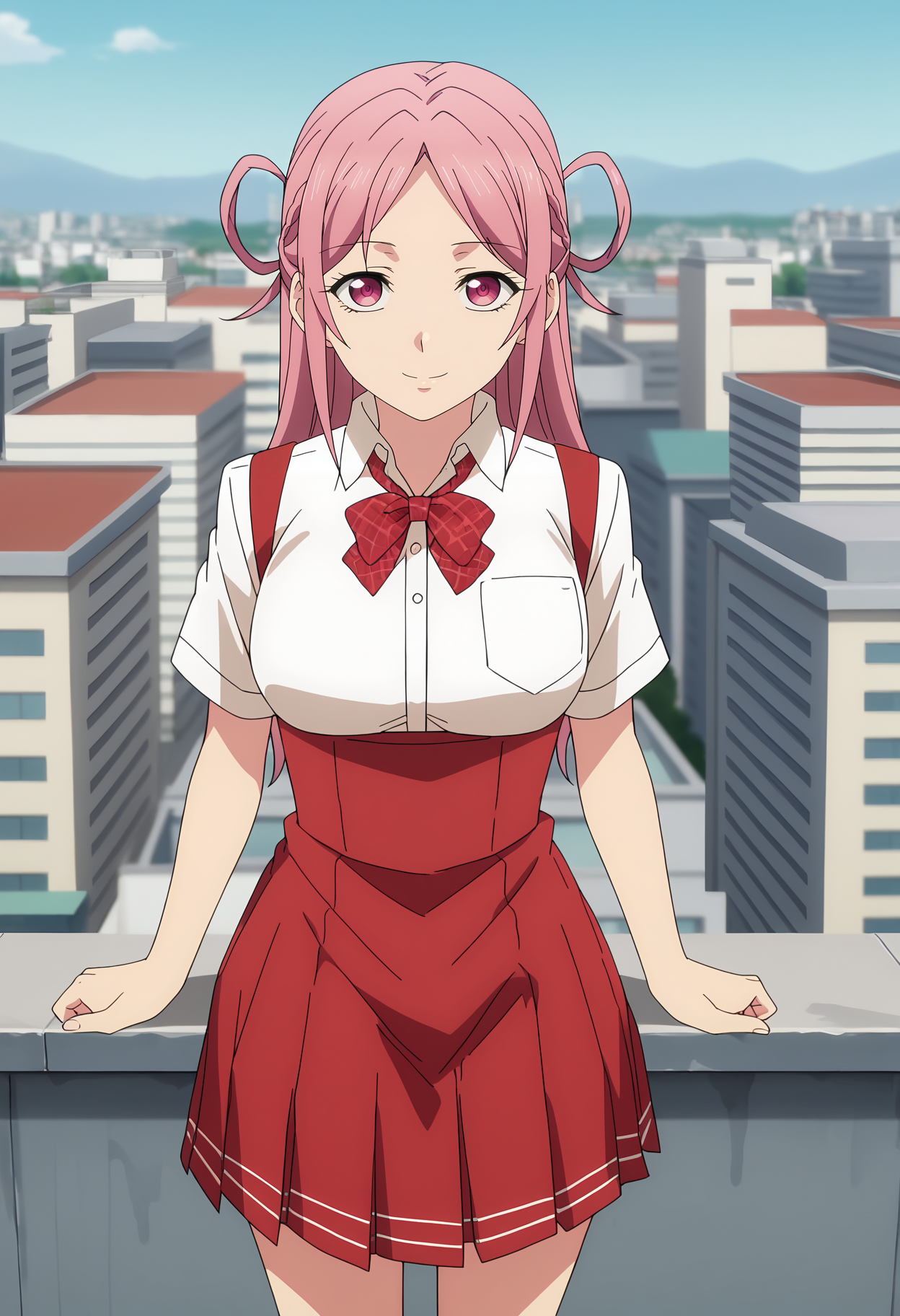 score_7_up, anime screencap,
<lora:ShuumatsuNoHarem_HoshinoShionXL:0.9>,
1girl, solo, light smile,
pink hair, long hair, parted bangs, hair rings, sidelocks, pink eyes,
HoshinoShion, collared shirt, white shirt, plaid bowtie, short sleeves, suspender skirt, high-waist skirt, red skirt,
arms at sides, standing, looking at viewer, cowboy shot,
rooftop, cityscape, outdoors, blurry background
