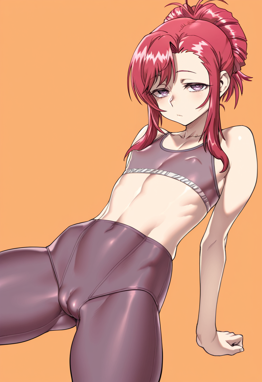 masterpiece, best quality,
High up, looking at viewer, half-closed eyes, 
kazami mizuho, purple eyes, hair bun, red hair, sidelocks, drill hair sidelocks, , flat chest,
sports bra, leggings, skindentation, covered nipples, cameltoe, ,
simple background, orange background,
 <lora:Zunta:0.8> Z0nt4,