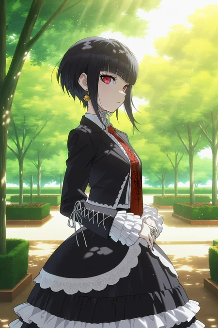 anime screencap, masterpiece, best quality, amazing quality, very aesthetic, absurdres,  newest, (scenery, volumetric lighting),
celestia ludenberg, 1girl, solo, looking at viewer, short hair, bangs, outdoors, black hair, red eyes, jewelry, sidelocks, bell earrings, frills, print necktie, blunt bangs, garden, short hair with long locks, gothic fashion, eyelashes, black jacket, black skirt, collared shirt, cowboy shot, frilled sleeves, frilled skirt, from side, open jacket, red necktie, long sleeves, dappled sunlight, light particles,
<lora:Celestia_IL:0.8>