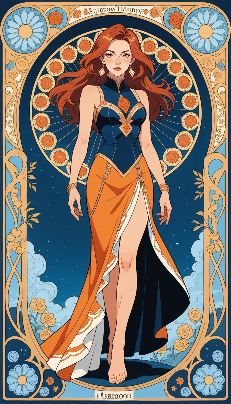 score_9, score_8_up, score_7_up, (Western Comics), girl, cute, seductive, innocent, barefoot, with long brown hair and red hair, floating hair, in the style of dark sky-blue and light orange, intricate costumes, light gold and white, harmonious color palette, vibrant, (art nouveau), (Full body photo), (depth of field), (dynamic angle), (ultra detailed, high quality texture), (sharp), (artistic image)