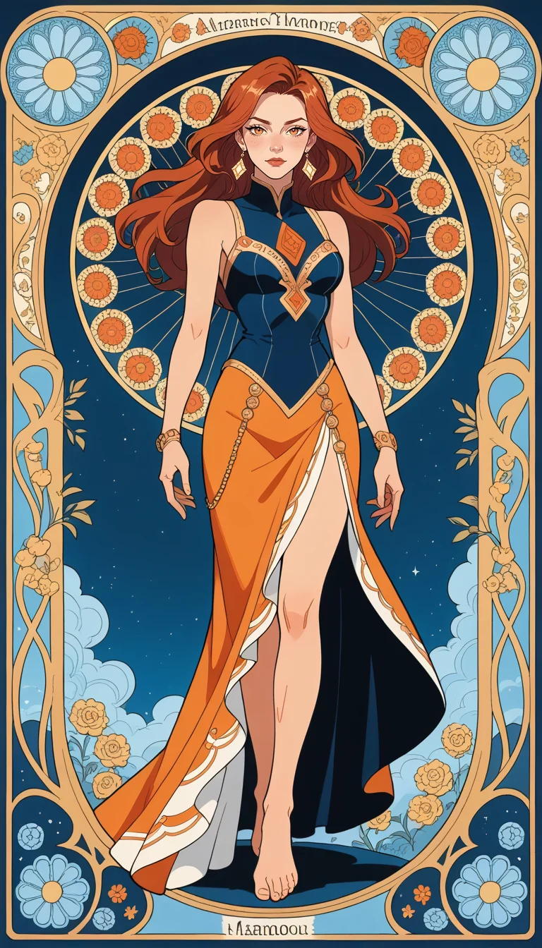 score_9, score_8_up, score_7_up, (Western Comics), girl, cute, seductive, innocent, barefoot, with long brown hair and red hair, floating hair, in the style of dark sky-blue and light orange, intricate costumes, light gold and white, harmonious color palette, vibrant, (art nouveau), (Full body photo), (depth of field), (dynamic angle), (ultra detailed, high quality texture), (sharp), (artistic image)
