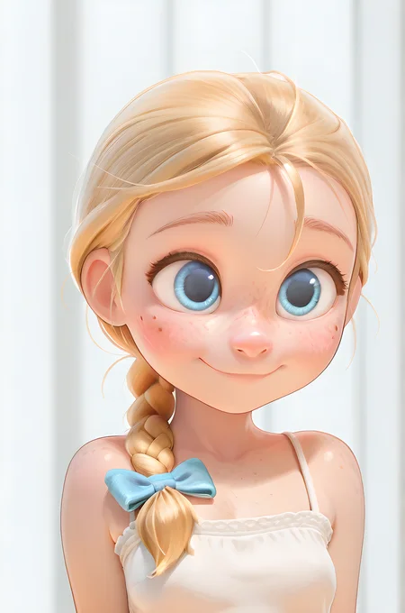 masterpiece, best quality, amazing quality,
<lora:DisneyStudios_style:1>
1girl, solo, light blue eyes, blonde hair, single braid, cute, big eyes, small nose, freckles, hair bow, small breasts, upper body,
blush, smile,