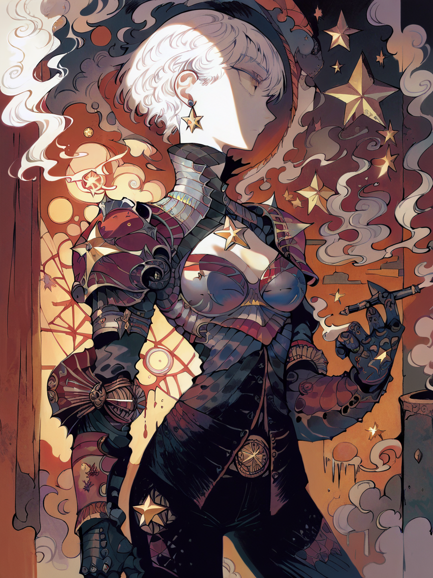 score_9, score_8_up, score_7_up, score_6_up, score_5_up,    <lora:MONXLP:1> mon, 1girl, solo, short hair, earrings, jewelry, white hair, armor, gauntlets, profile, cowboy shot, star (symbol), smoke, shoulder armor, holding, pauldrons, pants, breasts, black pants