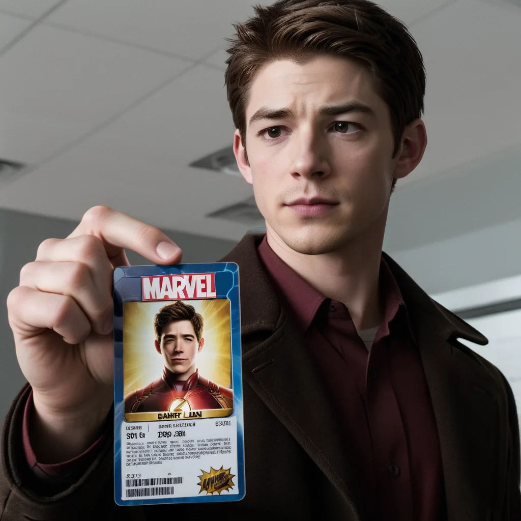 a Barry Allen holding a Marvel card,<lora:seemycard3:0.8>