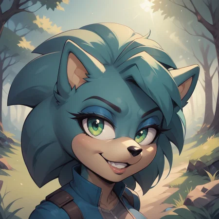 score_9, score_8, BREAK, solo, (master piece), blue-green hair, hedgehog, Lucia The Hedgehog, furry, female, thicc, mobian, green eyes, flat colors, (blue pants, black boots, blue jacket, yellow fastener, fringe), make up, sexy pose, self portrait, smile, looking at viewer, outdoors, sunlight, shadows, evening lighting, natural lighting, forest, trees, grass, orange sky, sunset