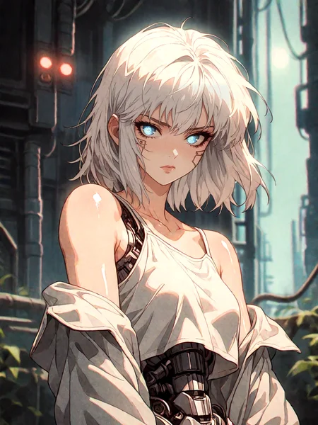 score_9, score_8_up, score_7_up, score_6_up, score_5_up, score_4_up,
BREAK
vintage, 1990s \(style\),
a gorgeous girl over a future cityscape, white hair, medium hair, depth of field, oversized shirt, off one shoulder, (shiny skin:1.4), cold lighting, detailed face, clear eyes, depth of field, messy hair, (intricate), shy, sky blue eyes, detailed eyes, detailed background, neon trim, neon lights,
<lora:OldAnimeStyle_XL_v3:0.5>
score_9, film grain, female focus, source_anime, solo, science fiction, mechanical parts, mechanical body, mechanical arms, cyborg, cyberpunk, looking at viewer, upper body, glowing <lora:RetroAnimeRedux_epoch_10:0.8>