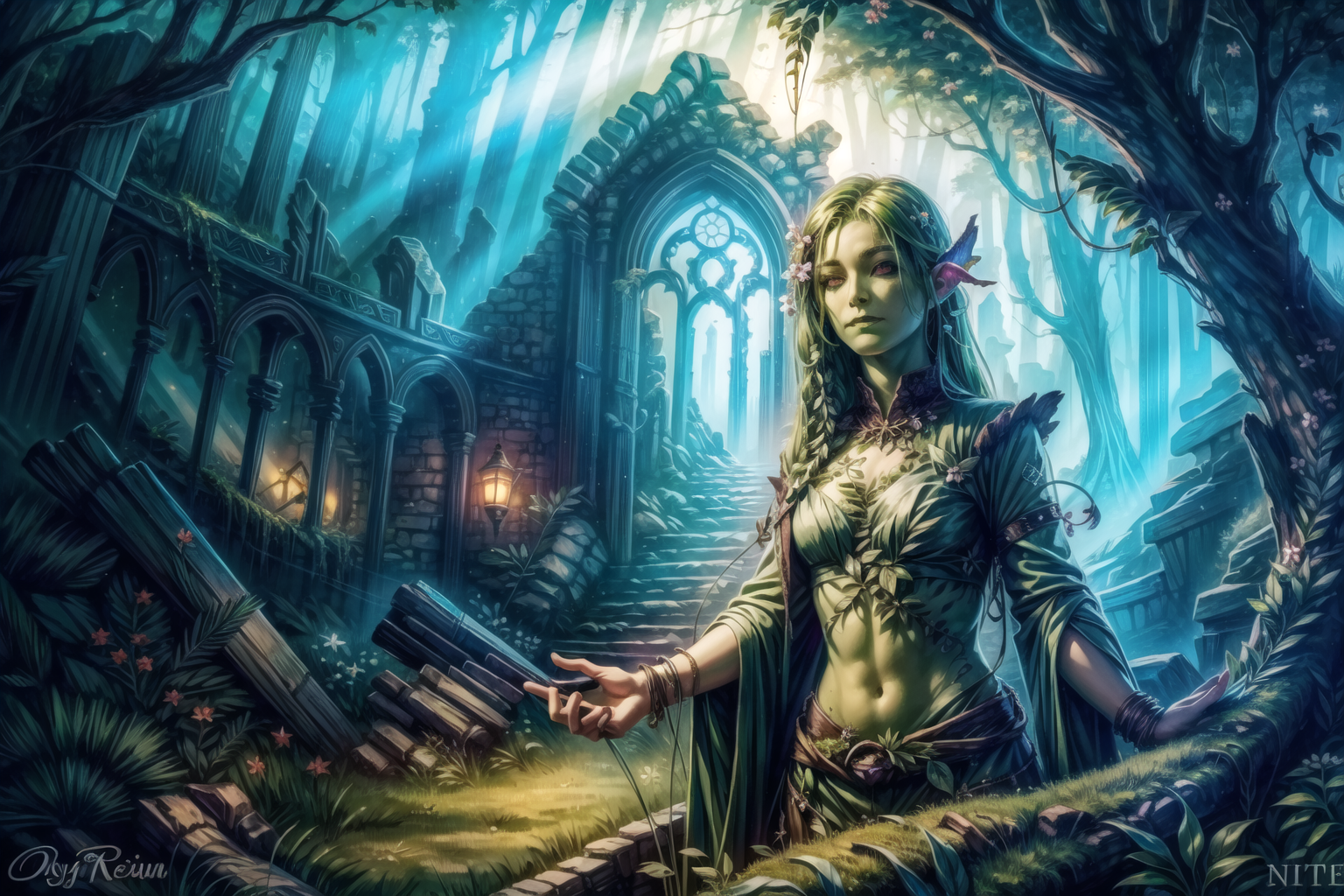 <lora:FantasyRuins:0.8> FanRu, sinister fantasy world, ruins, overgrown,  <lora:dryad:1> dryad, green skin, plant girl, looking at viewer, best quality, masterpiece, <lora:more_details:0.65>, 1girl, solo