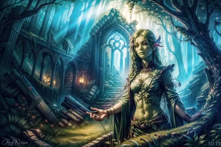 <lora:FantasyRuins:0.8> FanRu, sinister fantasy world, ruins, overgrown, <lora:dryad:1> dryad, green skin, plant girl, looking at viewer, best quality, masterpiece, <lora:more_details:0.65>, 1girl, solo