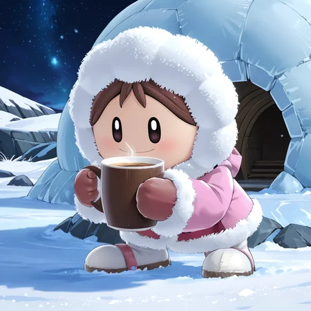 <lora:IceClimbersXL:0.7> iceclimbersxl, drinking hot coffee, inside igloo , solo, pink coat, closeup, (anime, masterpiece, intricate:1.3), (best quality, hires textures, high detail:1.2), (4k),(incredibly detailed:1.4),UHD, 8K, ultra detailed