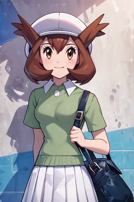 score_9, score_8_up, score_8, medium breasts, (curvy), cute, eyelashes, BREAK, , zzBianca, brown hair, brown eyes, medium hair, hair between eyes, short sleeves, green shirt, collared shirt, white hat, skirt, white skirt, <lora:Bianca_PokemonHeroes_PDXL_v2:0.7>,, BREAK, closed mouth, alternate costume, smile, looking at viewer, collared shirt, blush, sweater, black skirt, eyelashes, long sleeves, sleeves past wrists, plaid skirt, shoulder bag, black bag, blurry, tile floor, pleated skirt, white shirt, cowboy shot, embedding:zPDXL, Expressiveh, <lora:Vivid:0.7>, <lora:Uncensored_PonyXL_cpt_v02.09:0.4>, <lora:Expressive_H-000001:0.4>,