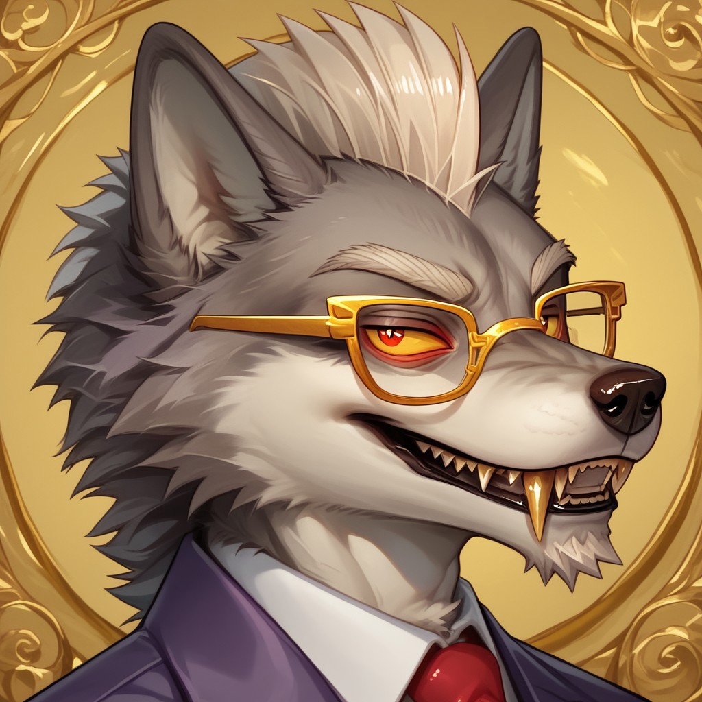 score_9, score_8_up, score_7_up, score_6_up, score_5_up, score_4_up, source_furry
((solo, anthro, 1boy)), light grey fur, white mohawk, sharp fangs, wolf, long white goatee, red iris, yellow sclera, white bushy eyebrows, VonKaramel, gold trimmed glasses, purple suit, red tie, detailed background, looking at viewer, hands in pocket, smiling, narrowed eyes, (bust portrait, partial side view)