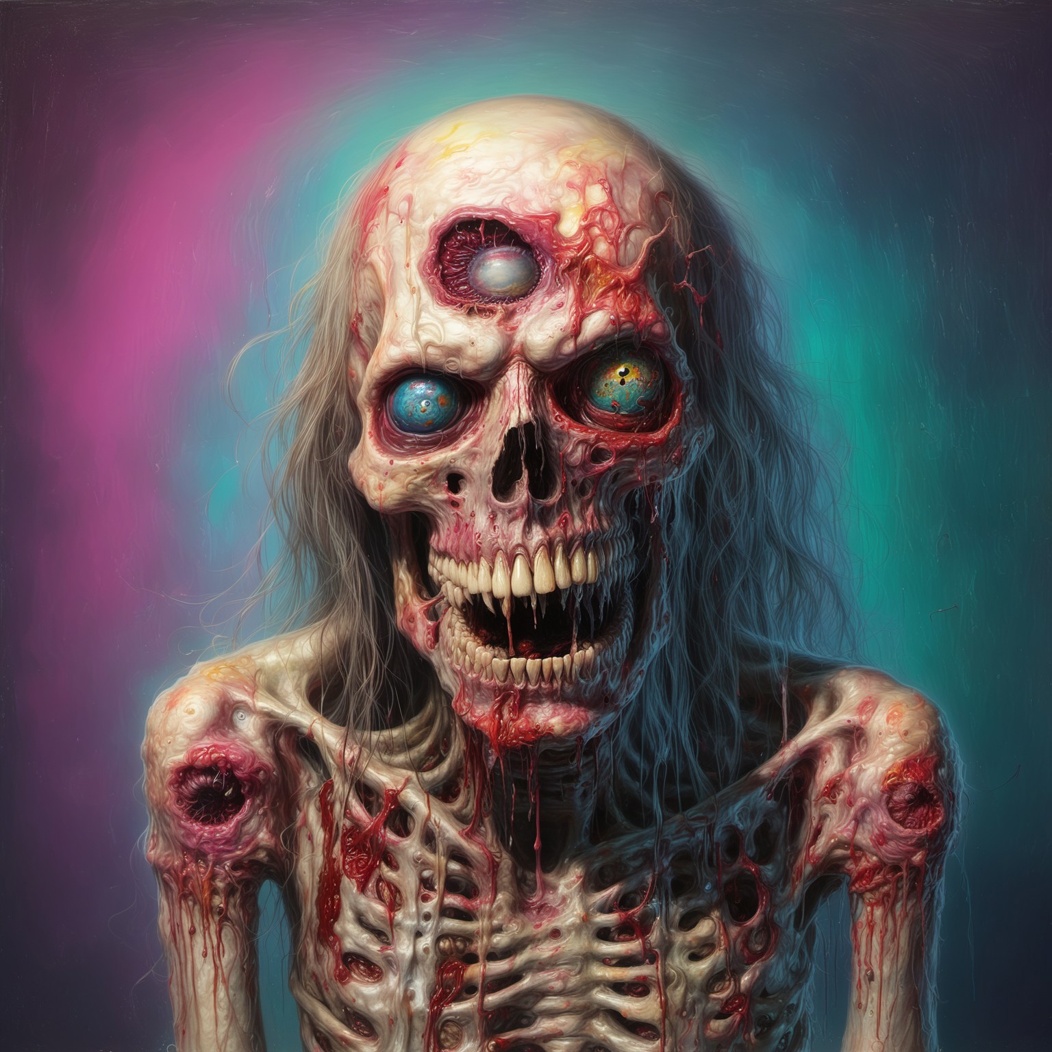 death metal album cover, horror, gore, eye popping, staring, flesh, rotting flesh, extreme, rotting corpse, looking at viewer, disgusting, guts, ripping guts out, exaggerated, painting, brush strokes, colorful, bright