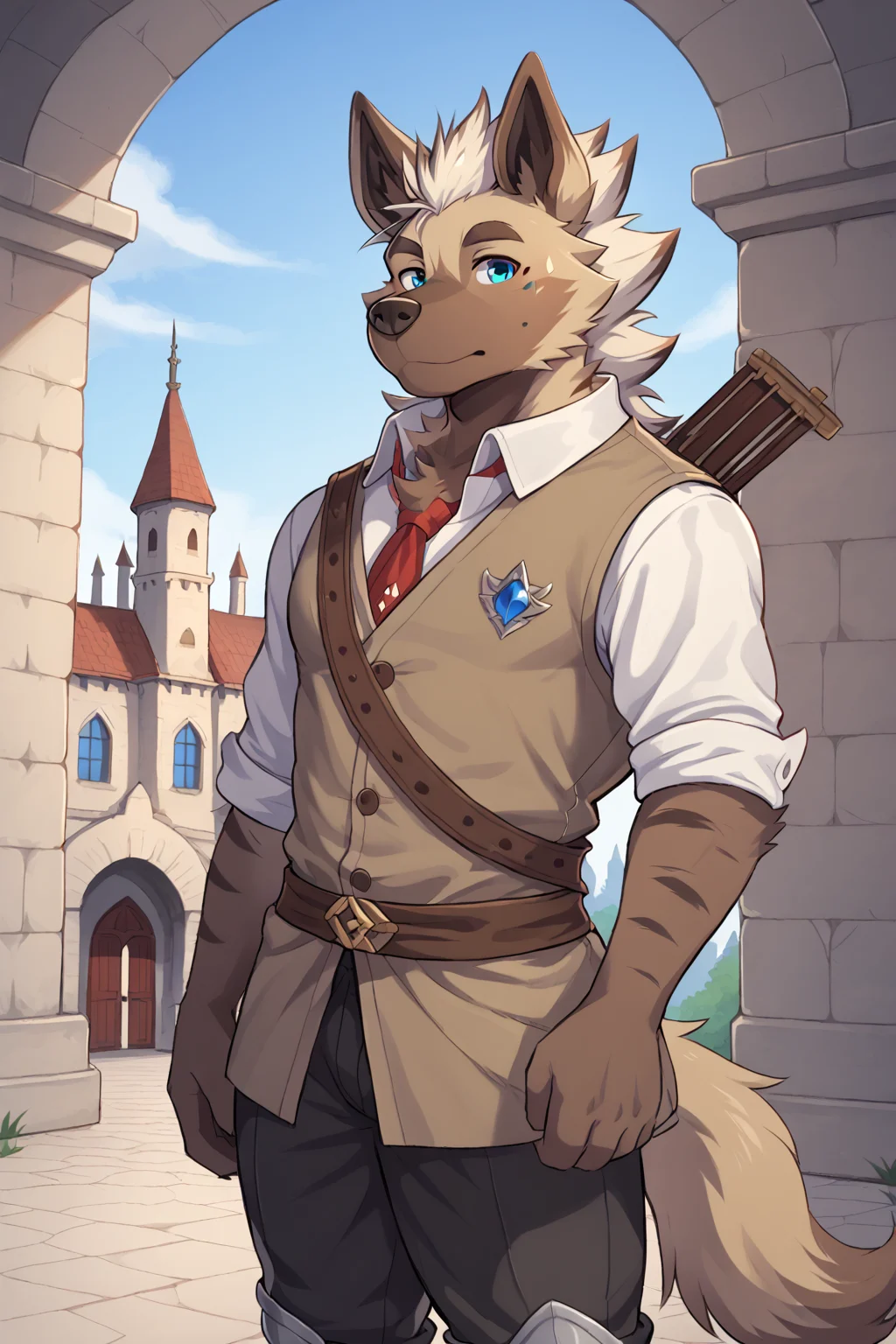 collodibonebreaker, solo, 1boy, hyena boy, furry, tail, animal ears, hyena ears, furry male, blue eyes, two-tone fur, body fur, animal nose, snout, white fur, brown fur, mole, mole under eye, eyebrows, hyena tail, pants, tunic, vest, fantasy clothing, castle, detailed background