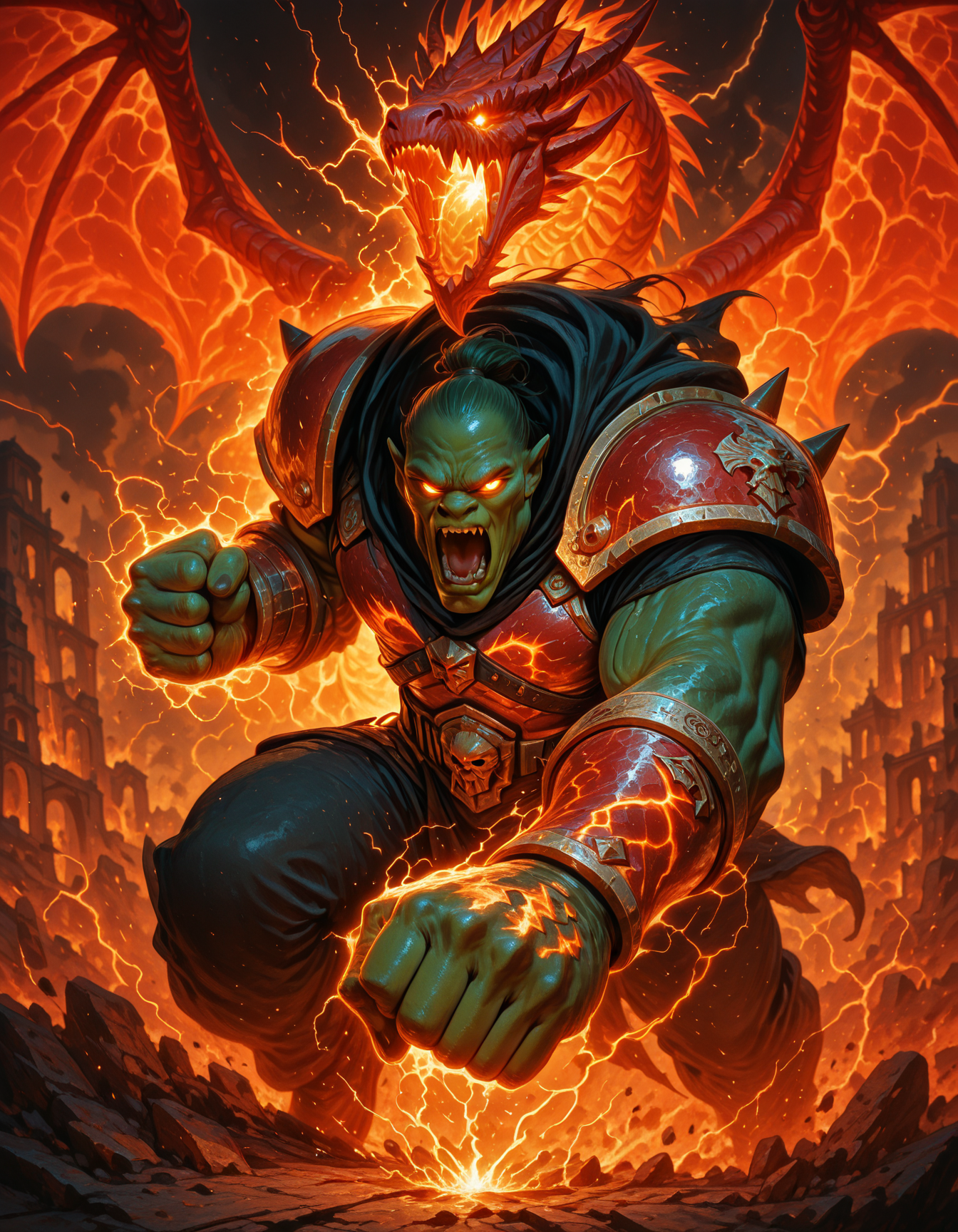 Flatline, Flat vector illustration,,masterpiece, best quality, good quality, very aesthetic, absurdres, newest, 8K, depth of field, focused subject, dynamic close up angle, close up, Tall dangerous male orc, green skin, screaming face expression, glowing eyes, red high tech warhammer 40k armor, ,dynamic pose, red electricity sparks, charging up a punch, punching against the viewer, giant red dargon behind him, red dragon following the orcs movement, holofoil glitter, faint, glowing, magical temple in background    <lora:DragonMartialArtIL:1> <lora:iLLMythG0thicL1nes:0.85>