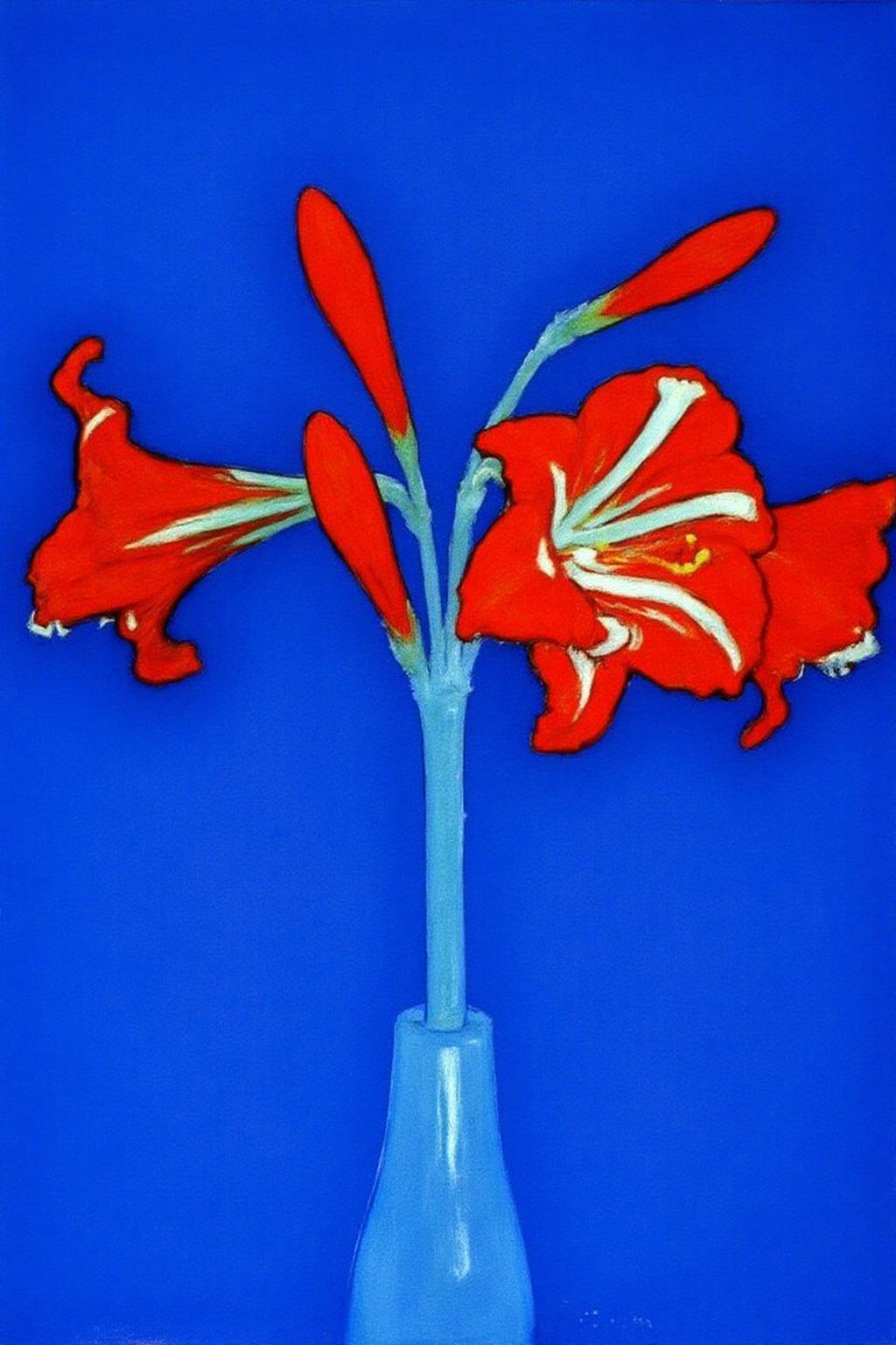 pietmondrian1 painting.
A red flower with large, trumpet-shaped petals and prominent white stamens. It is in a transparent blue vase positioned vertically in the center of a solid blue background.
 <lora:pietmondrian1_cap_d8a4e11:1.0><lora:860669837817469490:0>
