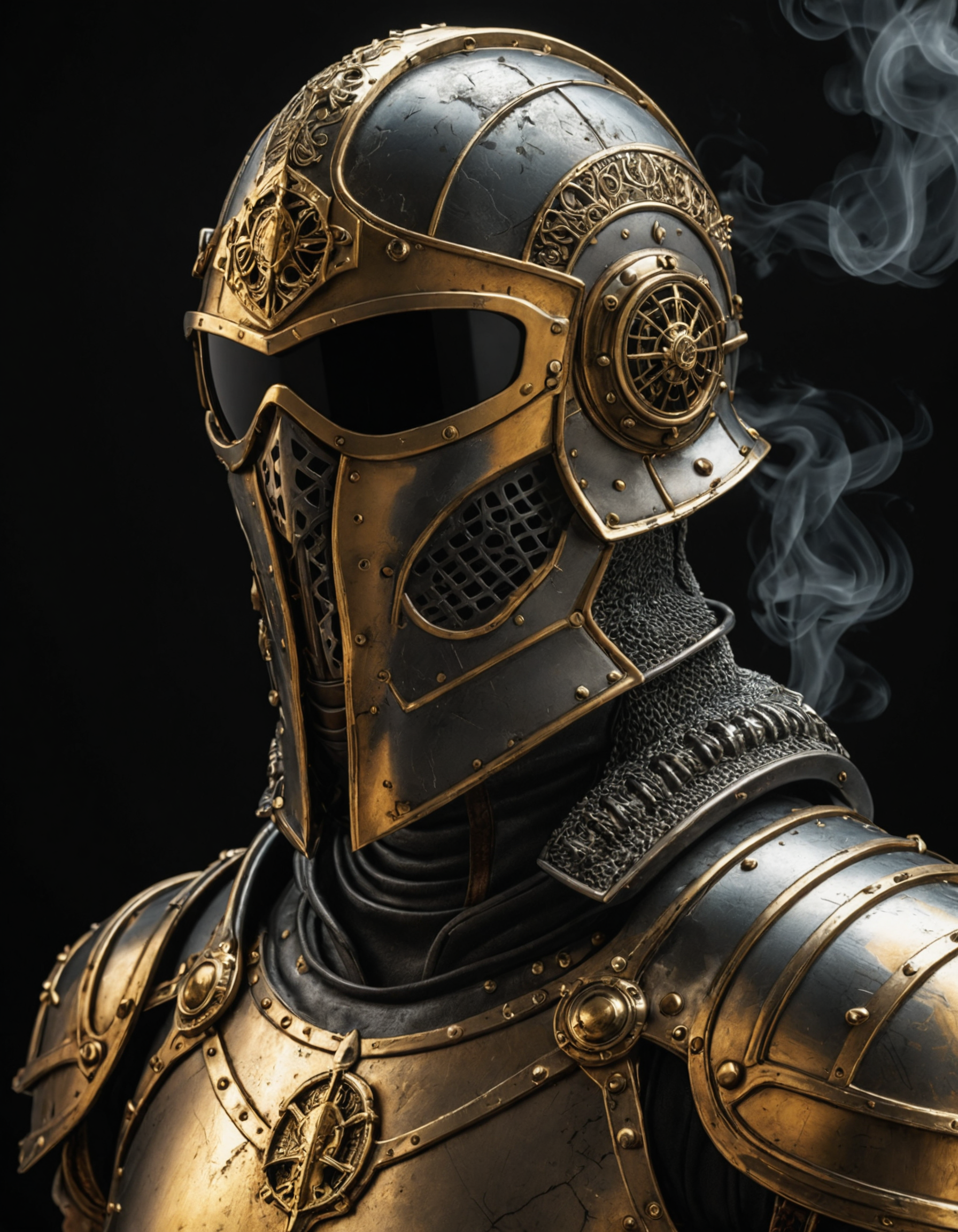 Bust portrait of a futuristic warrior with a medieval style iron helmet and sunglasses, gold armor, high contrast, serial numbers engraved on the armor, hard shadows, side lighting, black background, smoke, hyperrealistic, hyperdetailed, 3D<lora:add-detail-xl:1>