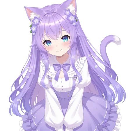 score_9, score_8_up, score_7_up, score_6_up, anime, beautiful, stunning, masterpiece, best quality, amazing quality,

perolya, 1girl, close-up,  animal ears, tail, solo, cat ears, dress, purple hair, cat tail, blue eyes, cat girl, long sleeves, purple footwear, Closed Mouth, smile, purple dress, very long hair, animal ear fluff, hair ornament, looking at viewer, hair flower, virtual youtuber, bow, frills, frilled dress, puffy sleeves, puffy long sleeves, purple flower, purple bow

simple background, white background,

