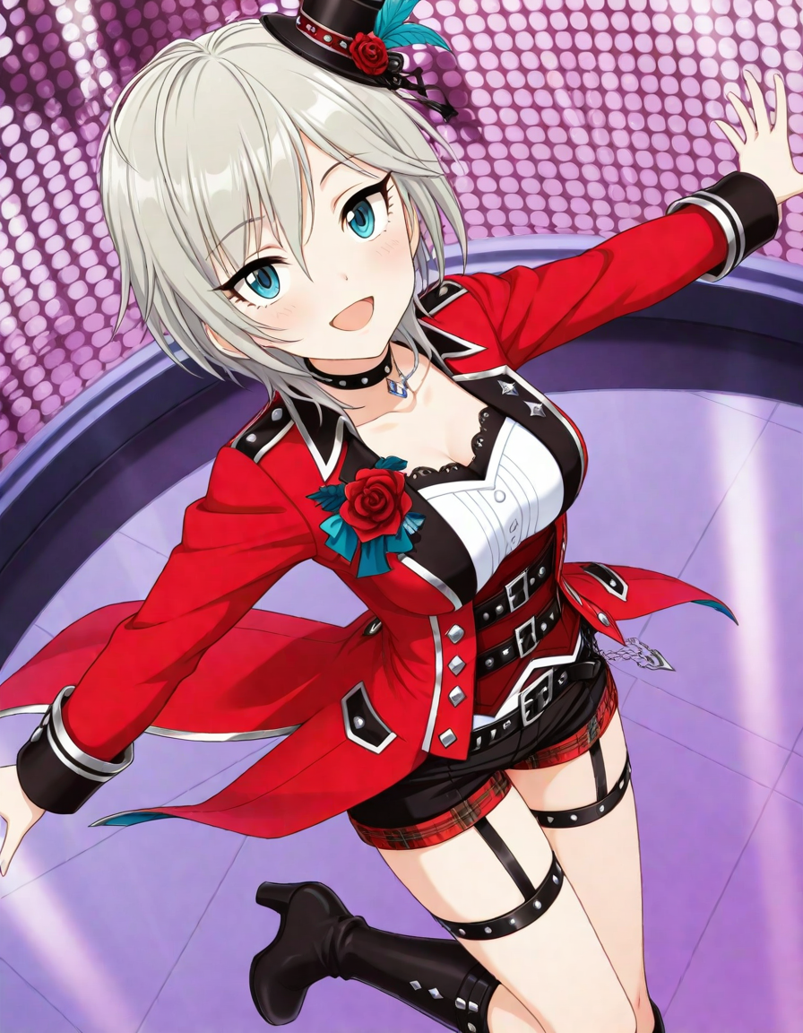masterpiece,best quality,absurdres,official art,official style,source_anime,anime screencap,anime coloring,
<lora:Hyper-SDXL-8steps-lora:1>,
anastasia \(idolmaster\),short hair,grey hair,bangs,hair between eyes,blue eyes,medium breasts,detailed eyes,eye reflection,
 <lora:crimsonrockers_IL:0.8>,crimsonrockers,red coat, long sleeves, black shorts, short shorts, flower, black mini hat,hat feather,hat flower, red rose, green feather, black choker, belt, thigh strap,  garter straps, corset, black knee boots, high heel boots, 
smile, blush, open mouth, from above, stage, jumping,