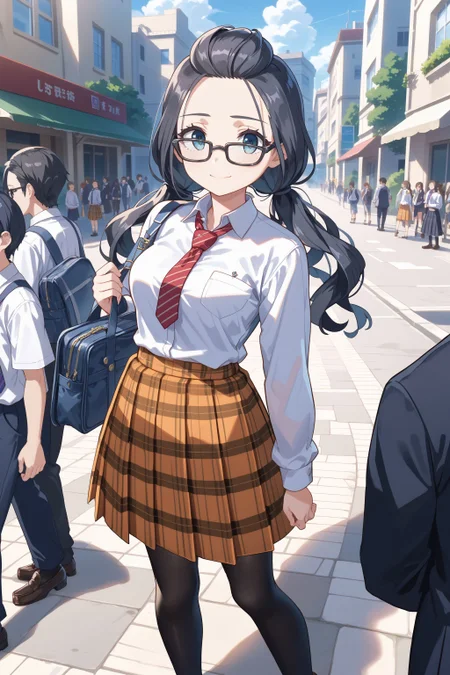 score_max, (score_9, score_8_up, score_7_up:1.0), score_6_up, official art, anime screencap,
, masterpiece, absurdres, high detail, 8k,
city, street, crowd,
standing, light smile,
solo, marian, forehead, low-twintails, black-framed eyewear, school uniform, white shirt, collared shirt, red necktie, striped necktie, long sleeves, orange skirt, plaid skirt, black pantyhose, loafers
<lora:XL_Pony_MGCM-marianne-t1:0.9>