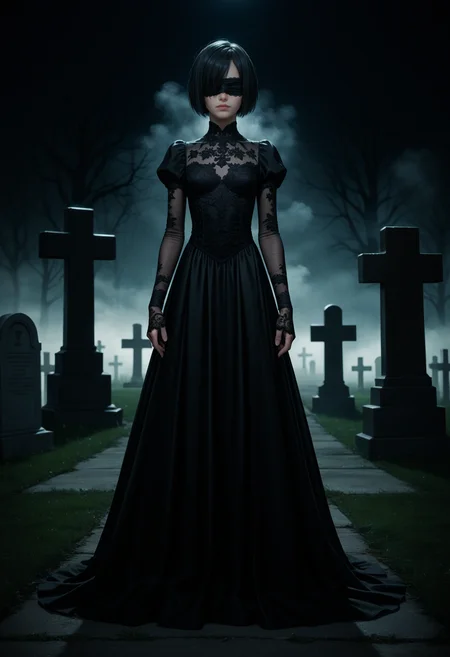 score_9, score_8_up, score_7_up, score_6_up, source_anime, masterpiece, newest,
1 girl, solo, skinny, elegant gothic dress, fine fabric detail, lace pantyhose, lace gloves, black hair, hair covering eyes, bob haircut, cemetery , blindfold, pantyhose,
shiny skin, simple background, dark background, at night, fog
