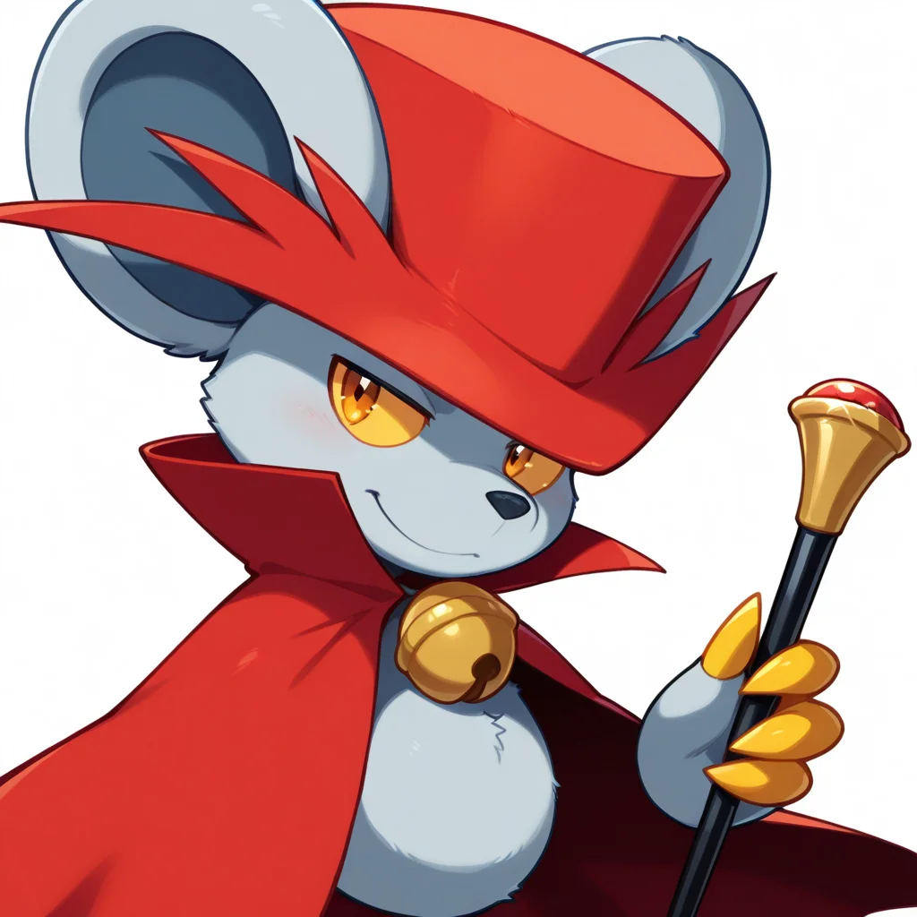 <lora:Daroach_Kirby_-_Illustrious:1>  Daroach, 1boy, red cape, red hat, bell, white background, looking at viewer, white background, holding object, cane, medium shot, masterpiece, masterwork