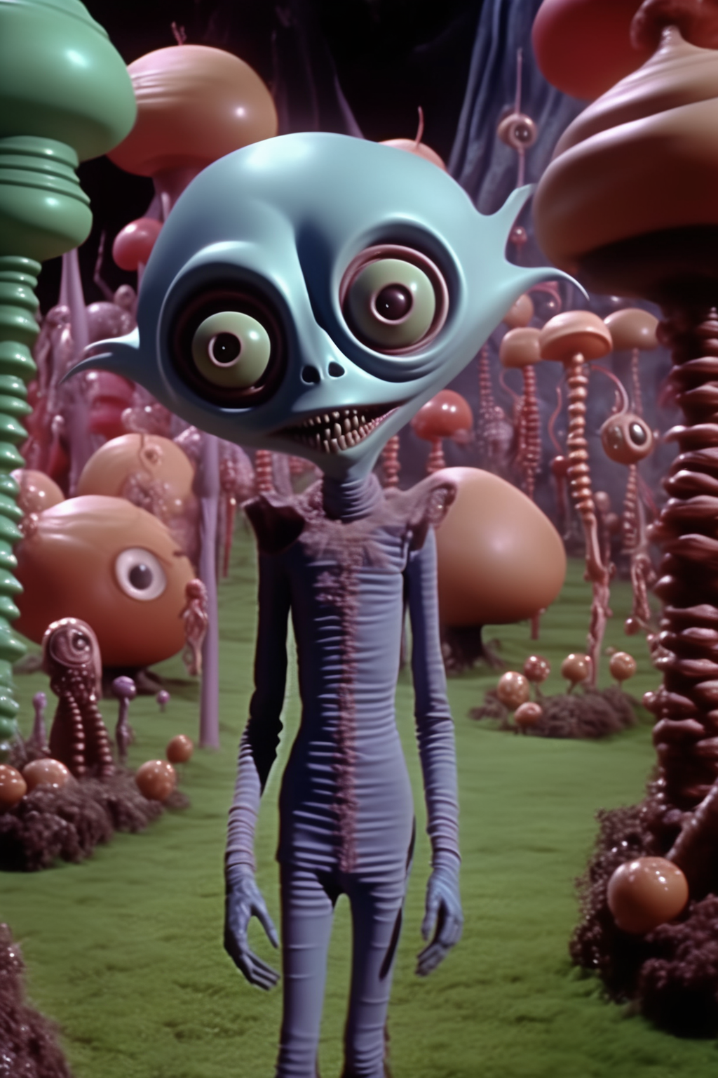 <lora:Director Tim Burton style:1>Director Tim Burton style -  and the Chocolate Factory movie 1980s DVD screengrab scene, horror creepy as mutant alien transformation movie scene, a lot of aliens in the magic garden in the village, 1980s practical SFX, hyperrealism, detailed cinematic still shot, 8k, avatar photo, high quality, hiperralistic .1