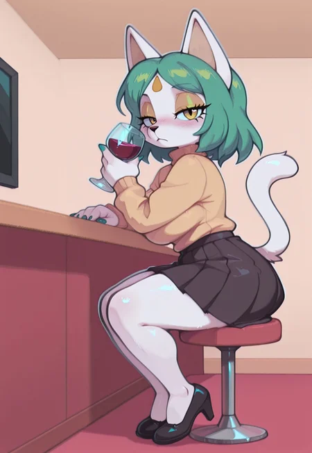 (masterpiece, best quality, detailed, sharp on hands, HDHands, Hdeyes, detailed eyes), (vibrant colors:1.1), soft natural lighting, sharp focus, smooth skin, beautifully shaded,
(1girl, solo, adult female, absolute eye-catching, curvy, furry, anthro, cat girl), Nika Myaur,white fur,tail,(green short parted hair:1.2),forehead mark,green nails,yellow eyes,yellow eyelashes
(white sweater, black pleated skirt, black high heels),
(sitting, drinking wine, side view, full body, looked at viewer),
(beautiful background, bar, indoors),
(style baggen_cartoon_v5.0, sharp outline)
