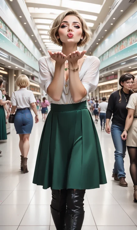score_9, score_8_up, score_7_up, blaiki, wiboha, (slim 25 years old woman) in green skirt and white blouse  is blowing an air kiss with both hands, standing in a crowded mall. black (thigh high boots), necklace,  short blonde hair  
 <lora:AirKissPony:1>