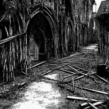 gothic abandoned village scenery, skeletons laying on the ground, sharp focus, 4k, art by art by EMB_rfktrbwmnga-14500