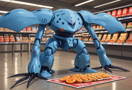 score_9, score_8_up, score_7_up, source_anime, front view, BREAK, ( hygogg, blue_hygogg_armor, pink monoeye, from side, looking at viewer, long arms, very long arms, long claws) 1mech, blue mech, wide mech, large shoulders, large shoulder armor, mech focus, solo, BREAK, two arms, in grocery store, grabbing food, between aisles, making mess, food on floor,