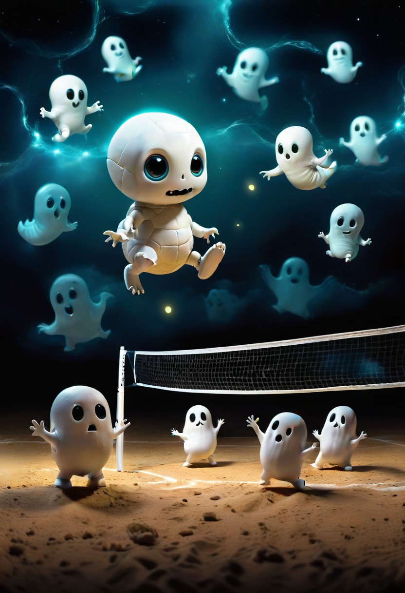 tiny little aliens playing volleyball against tiny cute little ghosts