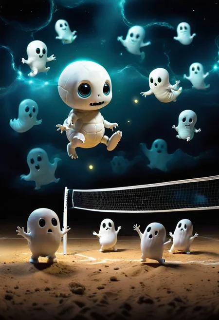 tiny little aliens playing volleyball against tiny cute little ghosts