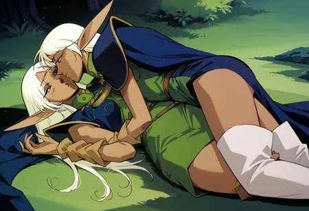 4K, masterpiece, sensual art piece,2girls, different characters, First character Pirotess, second character Deedlit, lying in the grass, seducing each other, flirting each other, embracing each other, highly detailed gorgeous face,
Pirotess, dark elf,wears a diaphanous dress, center opening , see-through dress,white thigh boots, tighhighs, gold choker, white hair,
Deedlit , elf, wears green leotard,blond hair, blue cloak, barefooted
magic forest, starry background