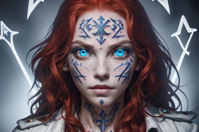 bright red hair, human female, (feminine:1.7), (beautiful face, detailed face:1.6), (beautiful eyes, detailed eyes:1.7), (looking at viewer, eye contact, intense:1.6), (long hair, red hair, curly hair:1.3), , ((masterpiece, best quality, high resolution, realistic, best quality,)), photo realistic, Perfect Face, (detailed face). <lora:GoodHands-vanilla:0.6> <lora:add-detail-xl:0.8>, mage, (Dress White military uniform coat), dagger, rune dagger, glowing runes, , (((glowing magic symbols tattoos, religious tattoos))), ((face tattoos)), glowing tattoos, stone tower in the background