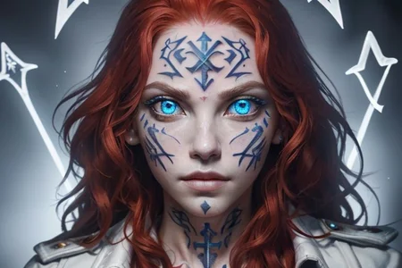 bright red hair, human female, (feminine:1.7), (beautiful face, detailed face:1.6), (beautiful eyes, detailed eyes:1.7), (looking at viewer, eye contact, intense:1.6), (long hair, red hair, curly hair:1.3), , ((masterpiece, best quality, high resolution, realistic, best quality,)), photo realistic, Perfect Face, (detailed face). <lora:GoodHands-vanilla:0.6> <lora:add-detail-xl:0.8>, mage, (Dress White military uniform coat), dagger, rune dagger, glowing runes, , (((glowing magic symbols tattoos, religious tattoos))), ((face tattoos)), glowing tattoos, stone tower in the background