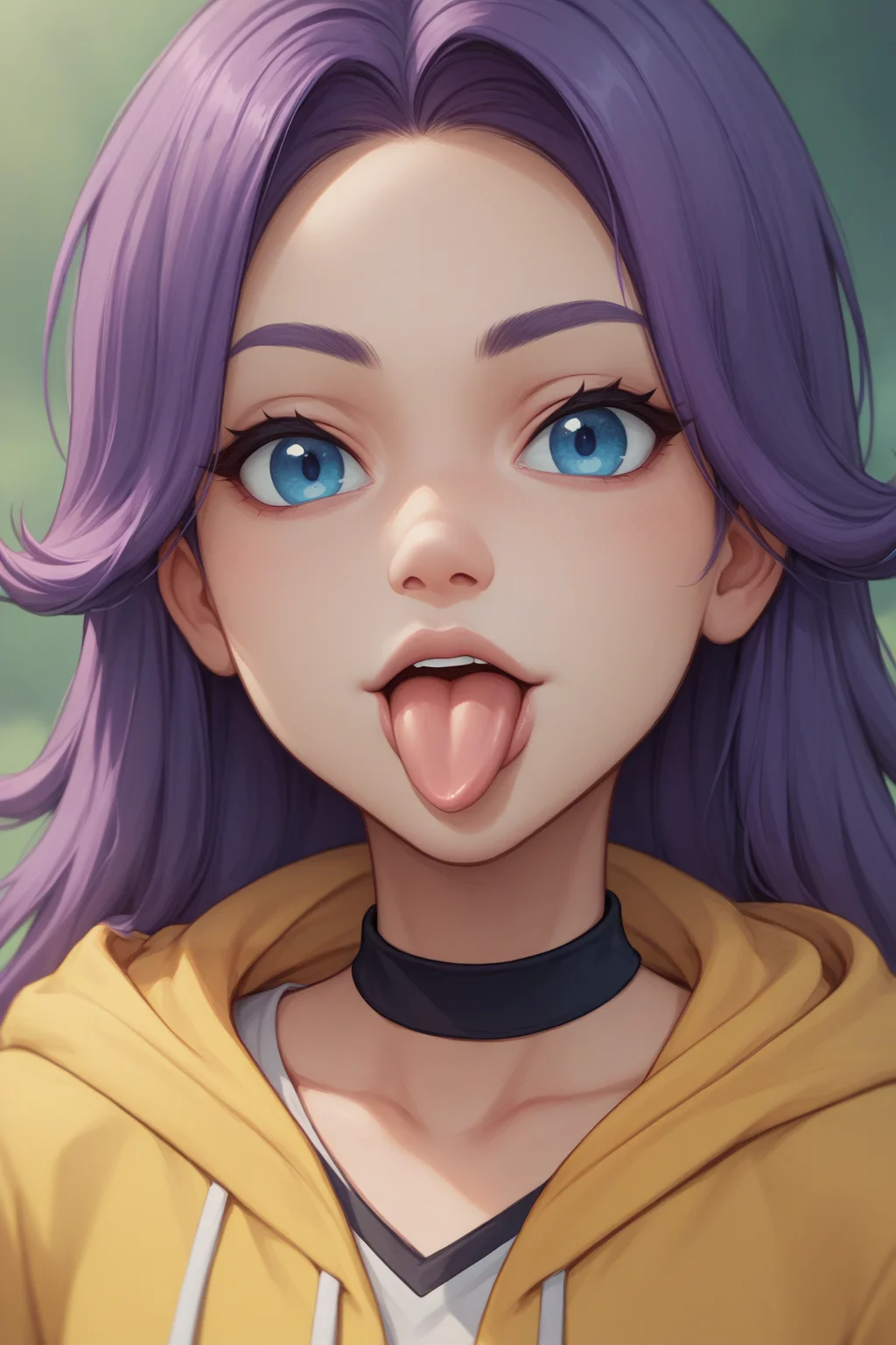 score_9, score_8_up, 1girl, solo, <lora:NSAbigailStardew:1> NSAbigailStardew, purple hair, blue eyes, long hair, parted bangs, looking at the viewer, close-up, yellow hoodie, tongue out, mischievous, black choker
