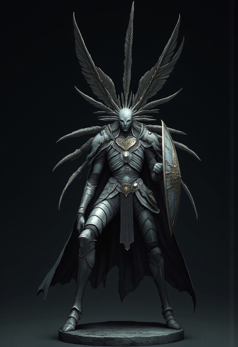 Standing in a hyper extended action pose
A feathered knight with a cape, holding a templar shield, and a gladiator sword
Set against a solid dark color background to emphasize its unsettling unnatural form that emphasizes its silhouette. The medium is not a traditional painting or illustrative medium like watercolor or ink but rather a digital 3D rendering.
MikeFranchinastyle, d4artstyle, d4concept, , bbstyle,, horror theme,, zbrush, ZBClay model of a gray sculpture, 1990's, 1990's style
