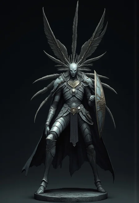 Standing in a hyper extended action pose
A feathered knight with a cape, holding a templar shield, and a gladiator sword
Set against a solid dark color background to emphasize its unsettling unnatural form that emphasizes its silhouette. The medium is not a traditional painting or illustrative medium like watercolor or ink but rather a digital 3D rendering.
MikeFranchinastyle, d4artstyle, d4concept, , bbstyle,, horror theme,, zbrush, ZBClay model of a gray sculpture, 1990's, 1990's style